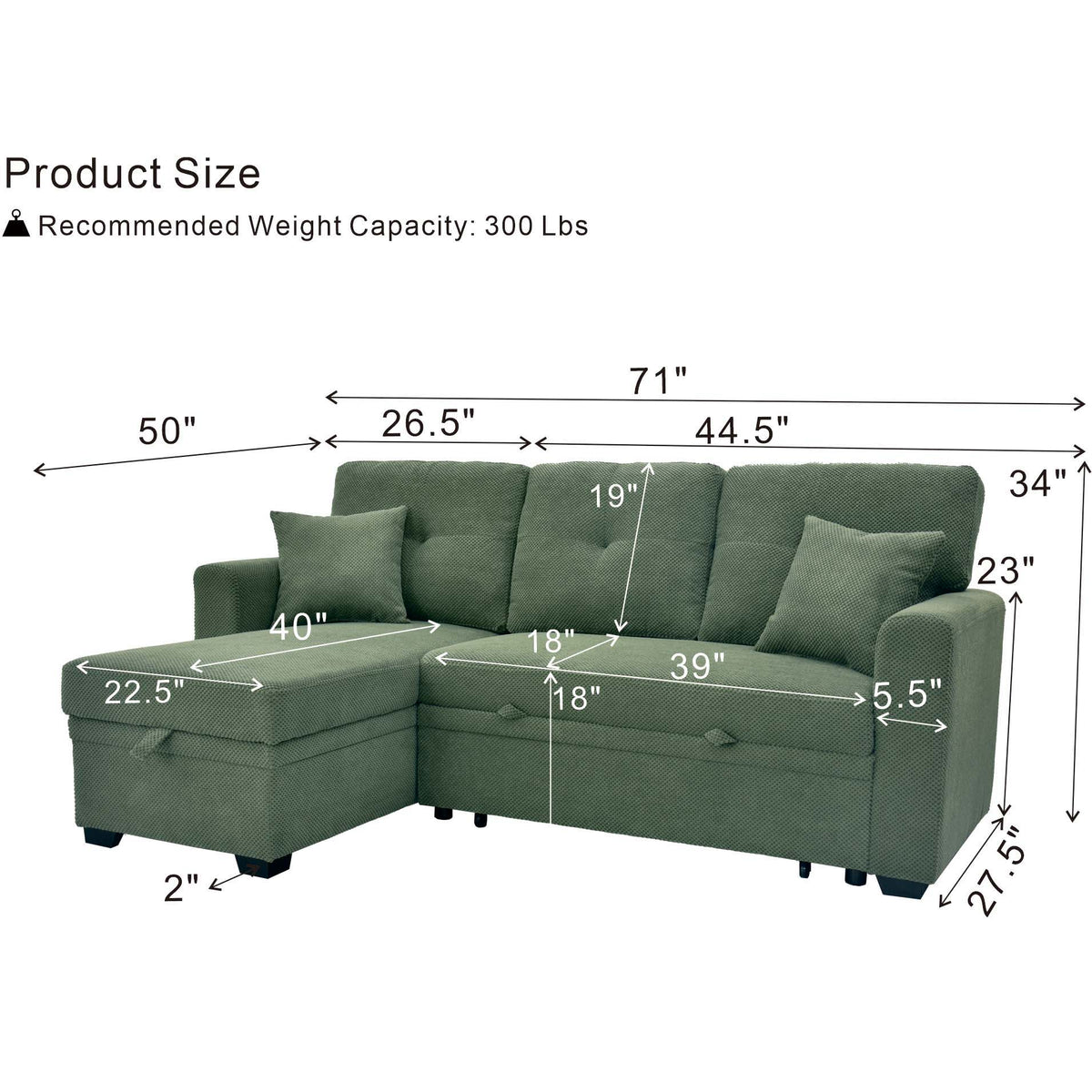 Sofá seccional cama con nido extraíble, chaiselongue reversible