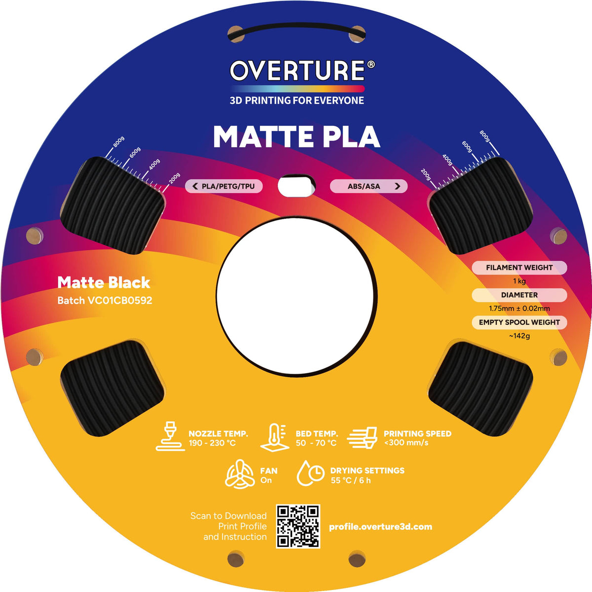 Overture - 1.75 mm Matte PLA 3D Printer Filament - Matte Black