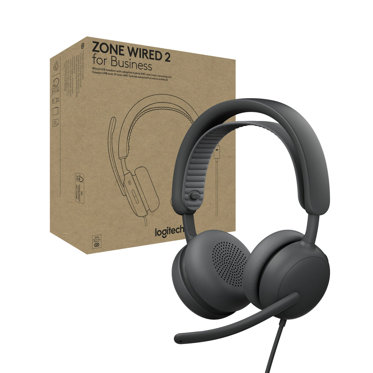 Logitech - Zone Wired 2 Noise-Canceling Headset for Business Microsoft Teams Certified USB C with USB A Adapter - Graphite