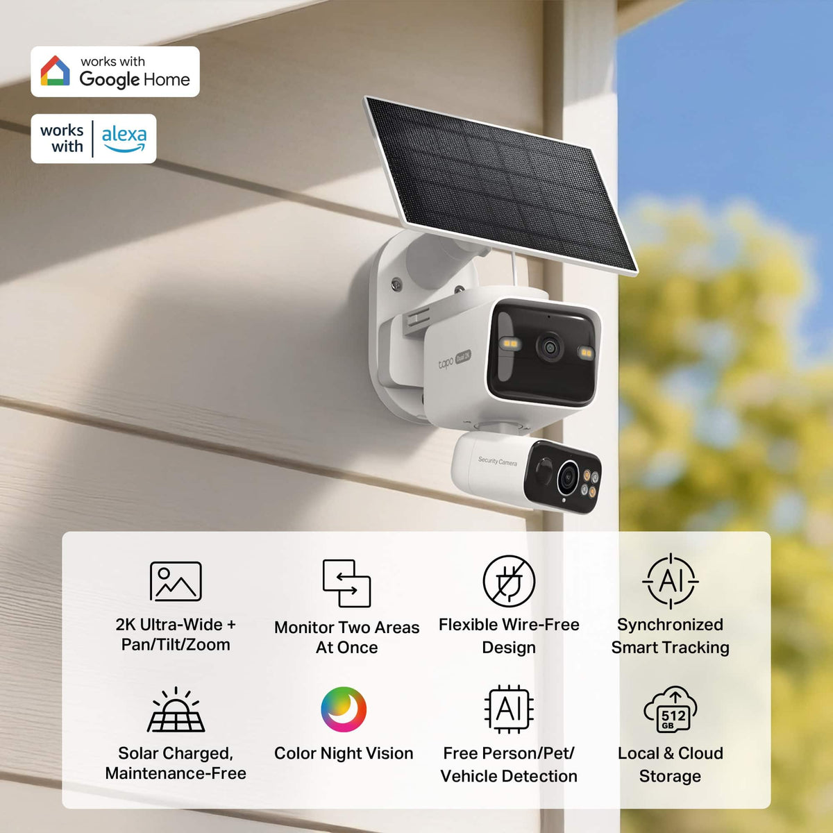 TP-Link - Tapo Wireless Dual-Camera Security, Pan-Tilt, 360° Viewing, 2K Crystal-Clear Video, Solar Charged - No Monthly Fee - White