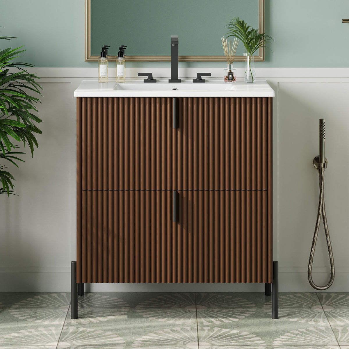 Fluted Bathroom Vanity With Ceramic Sink, Freestanding Design