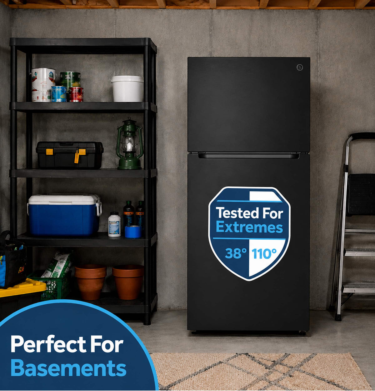 GE - 30 in. Wide 19 Cu. Ft. Freestanding Garage Ready Top Freezer Refrigerator with Bright LED Lighting - Black