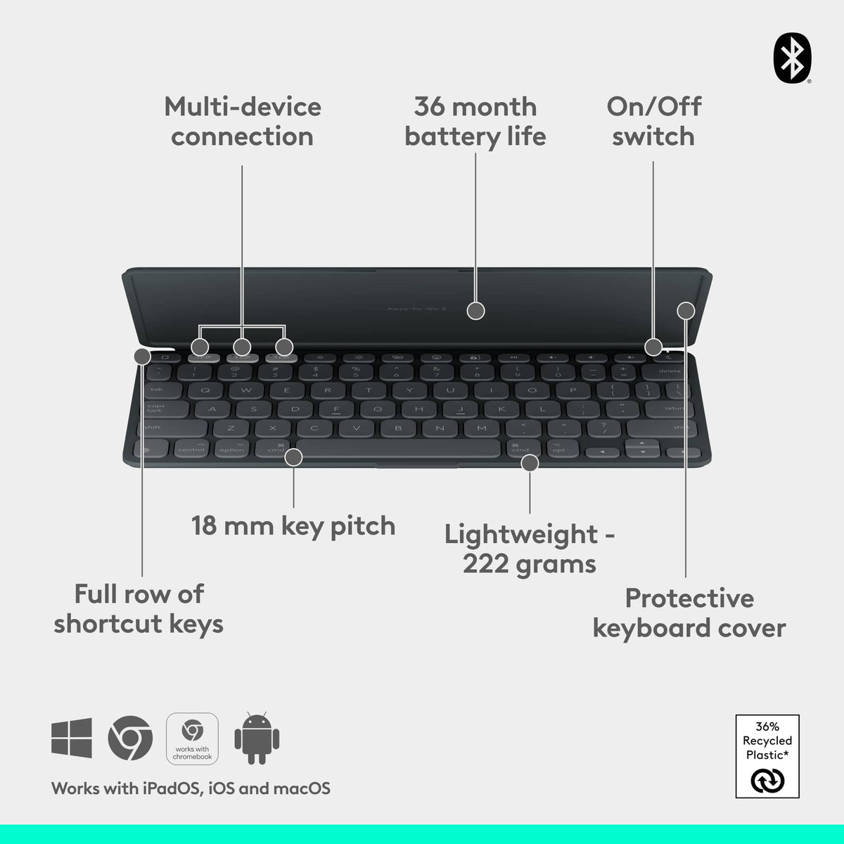 Logitech - Keys-To-Go 2 Slim Portable Bluetooth Keyboard for iPad, iPhone, Mac, and Apple TV With Built-in Cover - Graphite