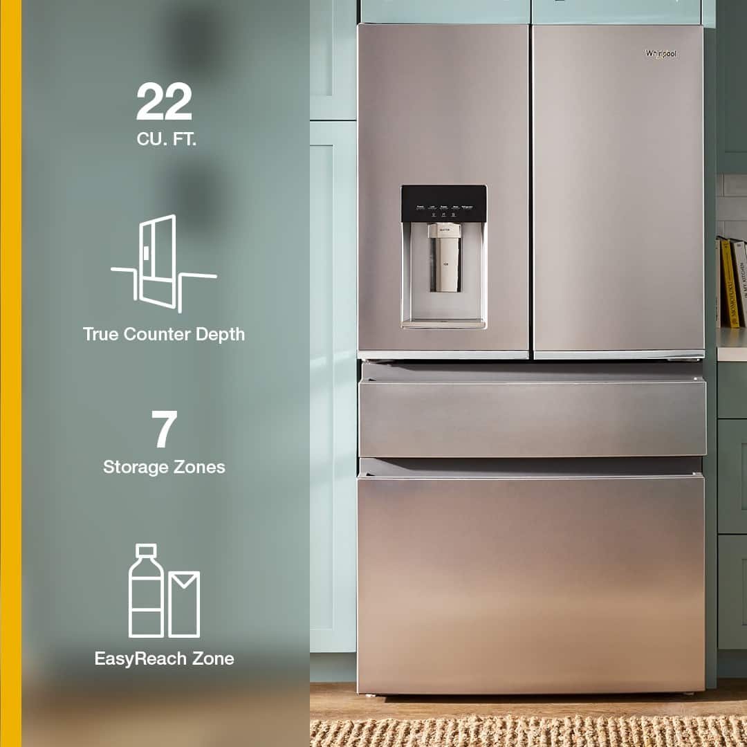 Whirlpool - 36 in. Wide 22 cu. ft. 4-Door French Door Counter-Depth Refrigerator - Fingerprint-Resistant Stainless Finish