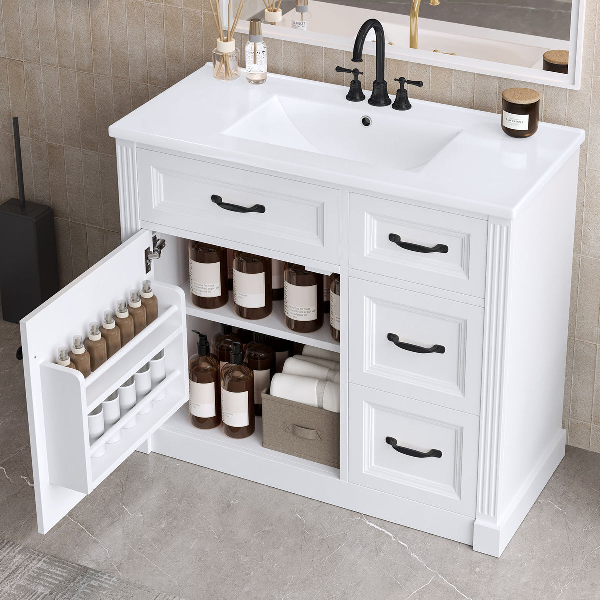 Tocador de baño moderno con lavabo, 4 cajones, puerta de cierre suave, estante ajustable