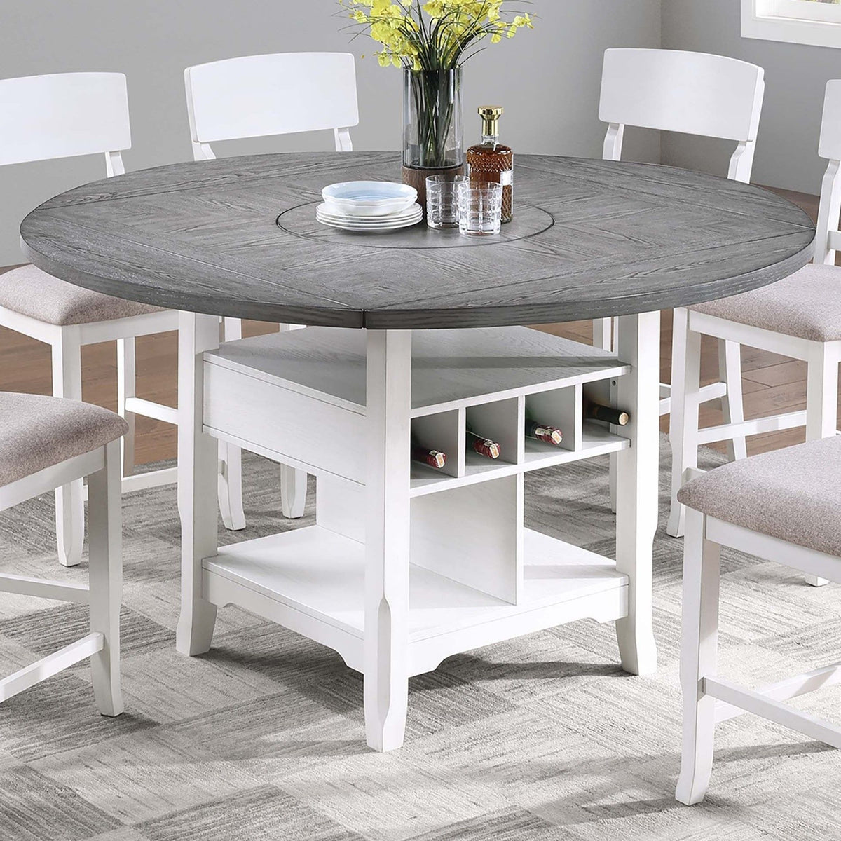 Mesa de comedor de altura de mostrador con bandeja giratoria integrada y estantes de almacenamiento