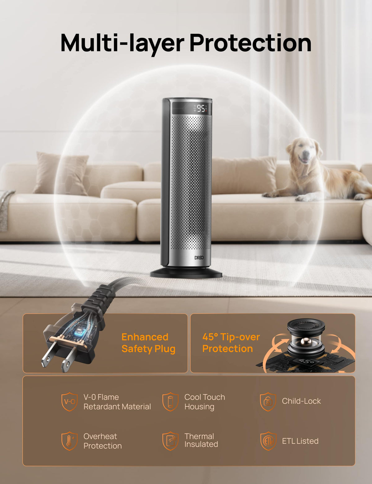 DREO - 20'' Portable Ceramic Space Heater for Home, 70° Oscillation, 12H Timer and Thermostat, 3 Heat Levels, Solaris 628 - Silver