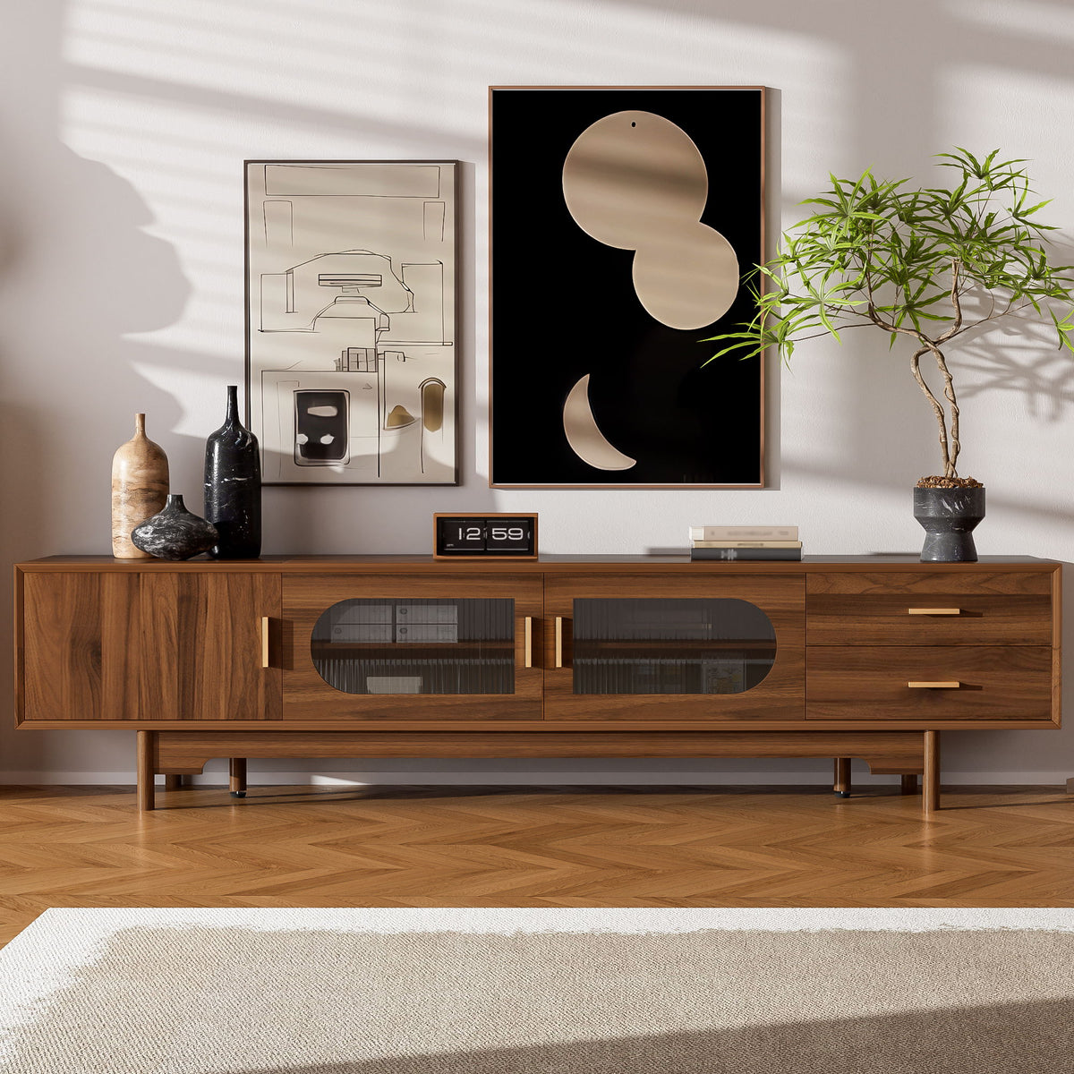 Mueble de TV moderno con puertas de cristal estriado y 2 cajones