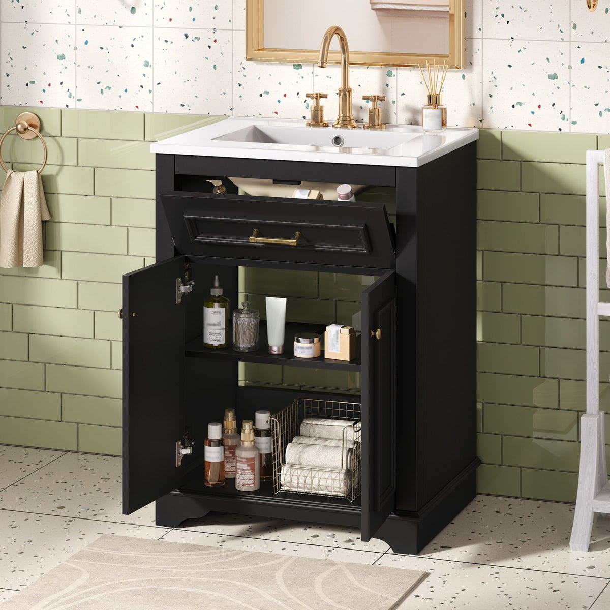 Bathroom Vanity With Integrated Sink, 2 Door Cabinet With Tip Out Drawer, Rectangular Design