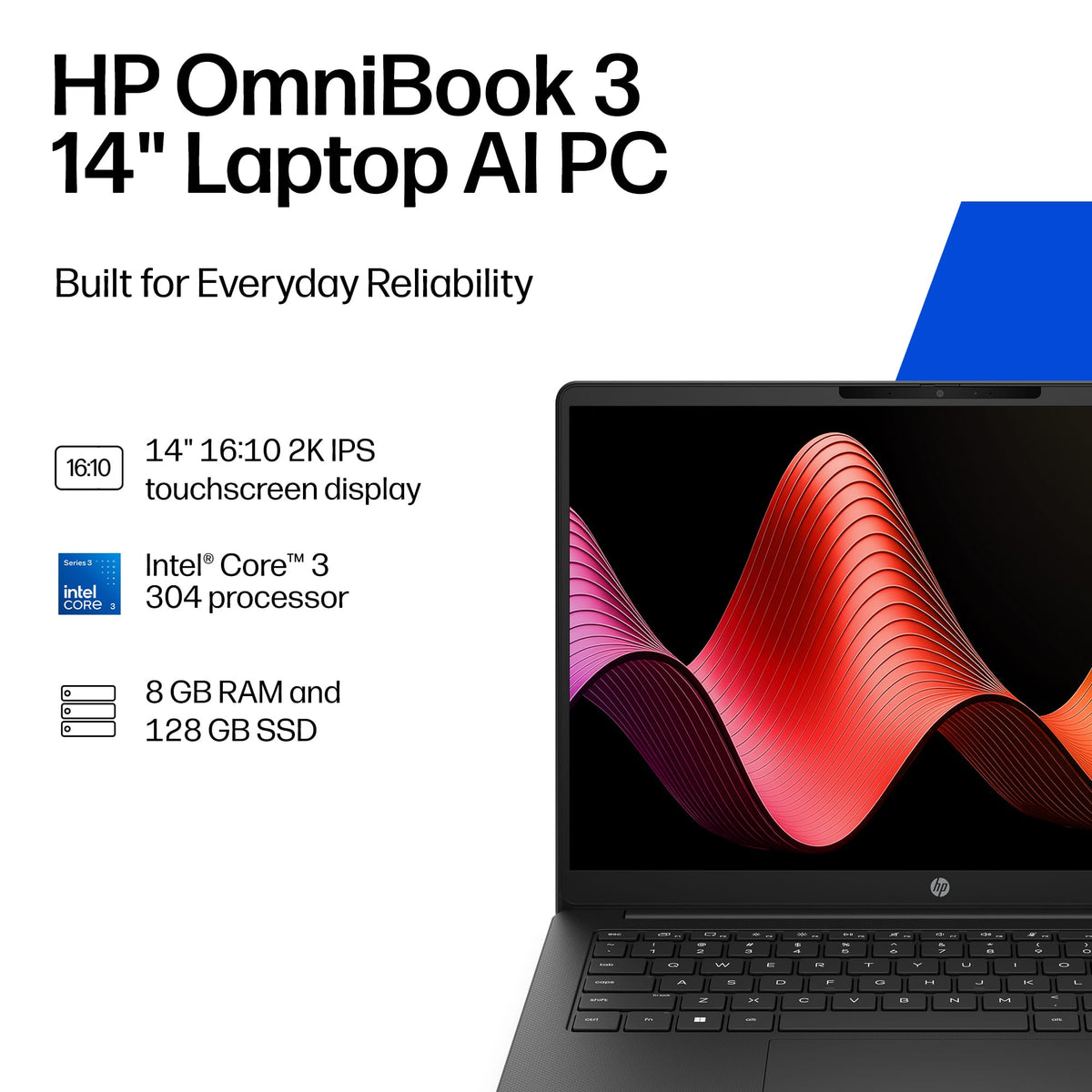 HP - OmniBook 3 - 14" 2K Touchscreen Laptop - Intel Core 3 304 (2026) - 8GB Memory - 128GB UFS - Jet Black