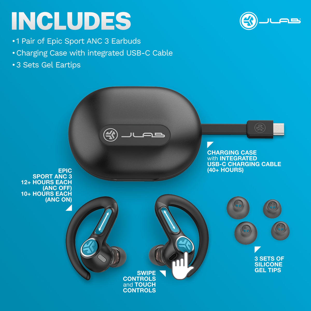 JLab - Epic Sport ANC 3 True Wireless Earbuds - Black