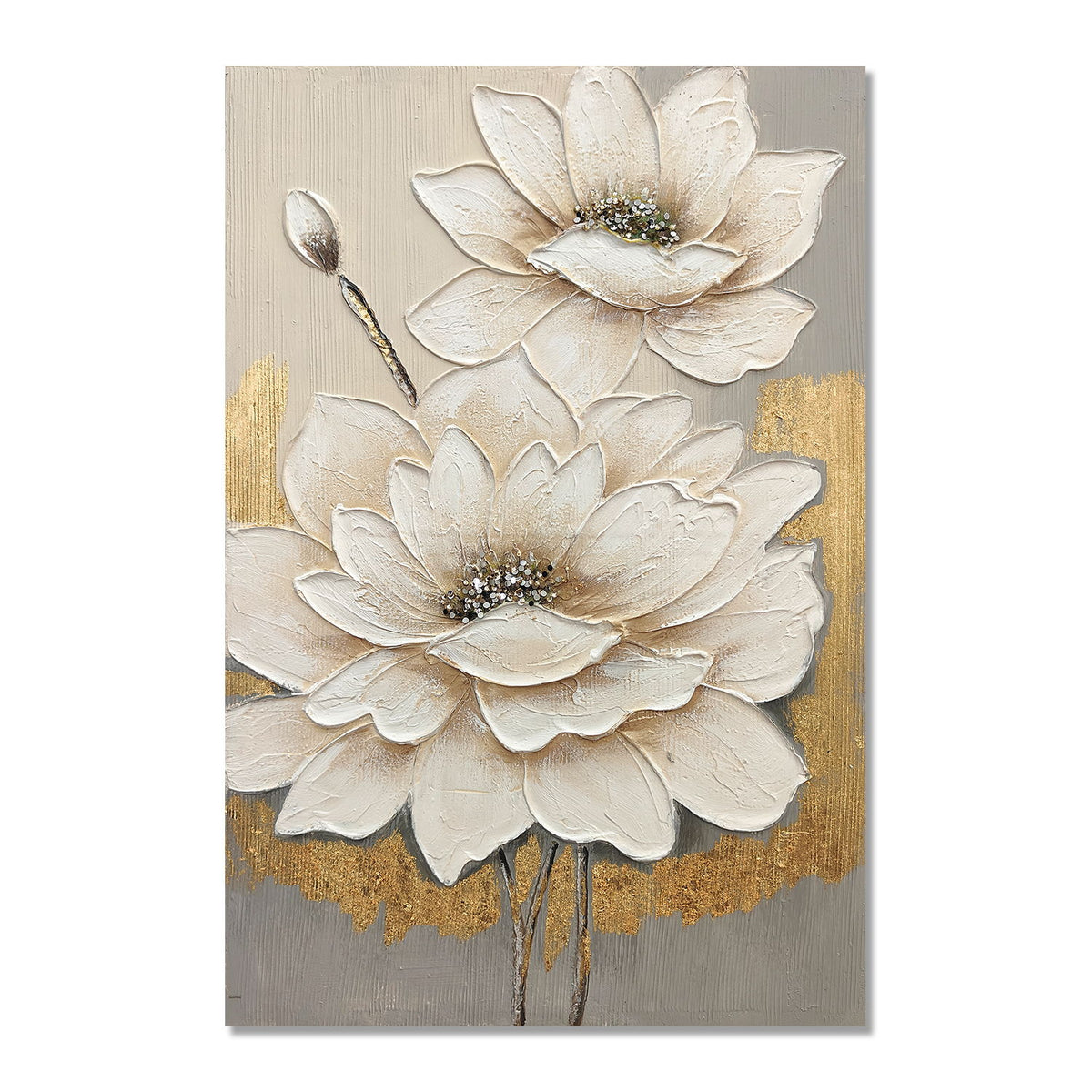 Arte de pared en lienzo con flor de loto, pintura floral texturizada a mano con detalles, decoración neutra para sala de estar - Blanco antiguo / Gris