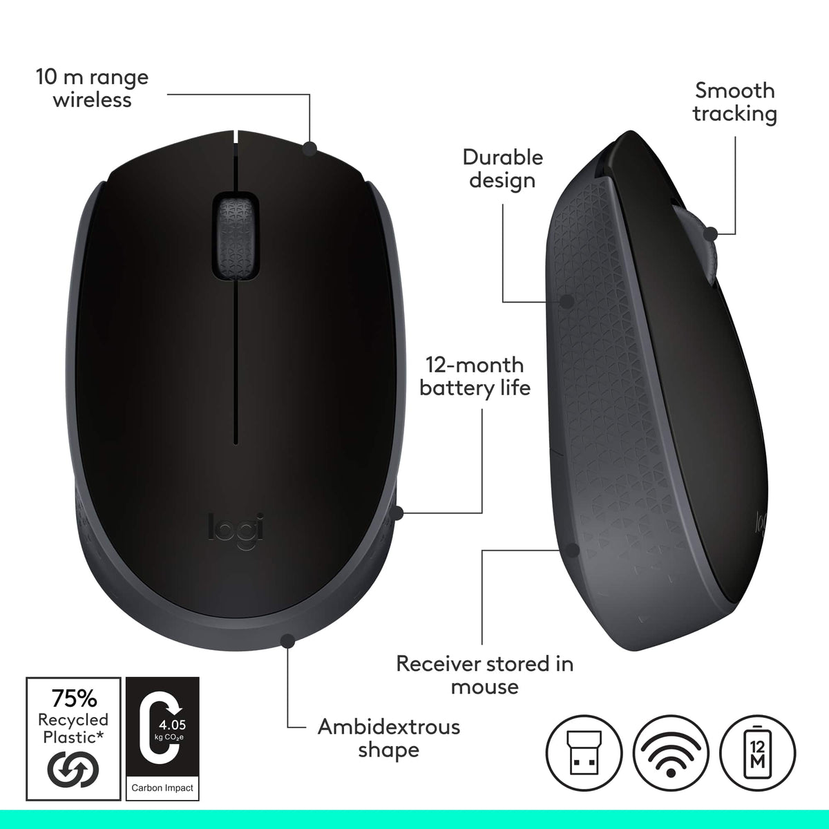 Logitech - M170 Wireless Compact Optical Ambidextrous Mouse - Wireless - Black