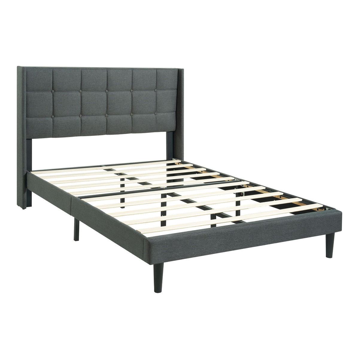 Base de cama tapizada Queen con cabecero de tela de lino con botones capitoné - Gris Oscuro