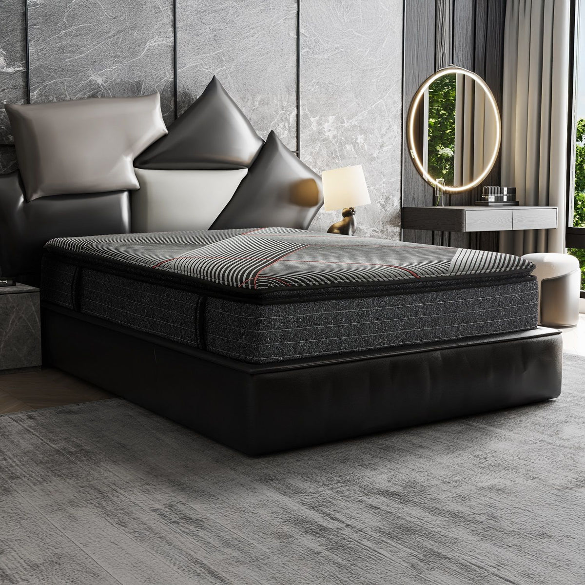 Colchón híbrido de espuma viscoelástica con gel y Euro Top de 15", con resortes ensacados, tecnología de enfriamiento y soporte perimetral - Negro - Queen