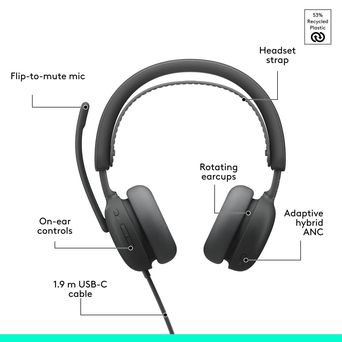 Logitech - Zone Wired 2 Noise-Canceling Headset with Adaptive Hybrid ANC - Graphite