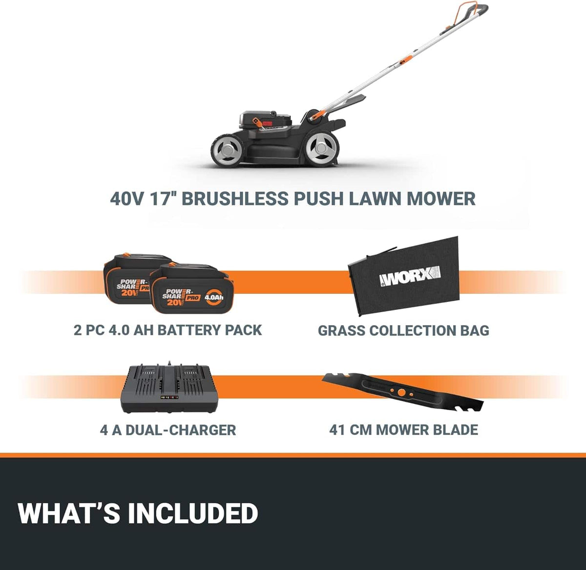 WORX - WG745 40V 17'' Cordless Push Lawn Mower (2 Batteries & Charger Included) - Black