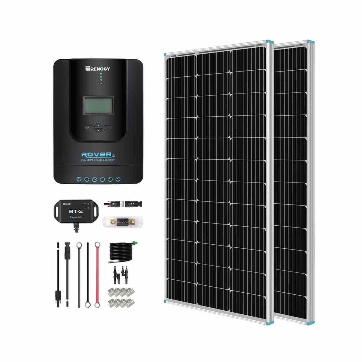 Renogy - 200 Watt 12 Volt Monocrystalline Solar Kit w/ 2 Pcs 100W Solar Panel and 20A MPPT Charge Controller - Black