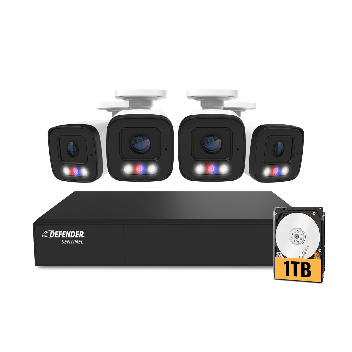 Defender - AI POWERED Sentinel 4K Ultra HD Wired 8 Channel PoE NVR Security System, 4 Metal Cameras & 1TB HDD - White