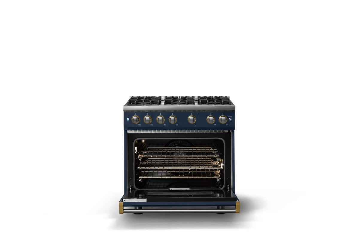 Viking - 36 in. Wide 6 Burner Pro 5 Series 5.1 Cu.Ft. Freestanding Sealed Burner Propane Gas Convection Range w/ Brushed Brass - Slate Blue
