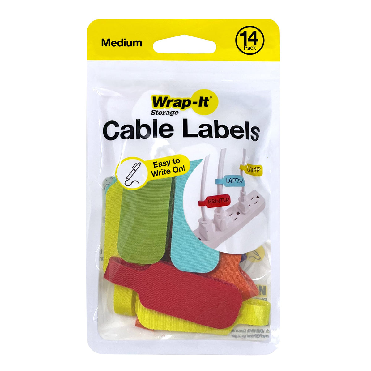 Wrap-It Storage - Cable Labels - Medium (14-Pack) Multi-Color - Hook and Loop Write On Labels - Assorted Colors