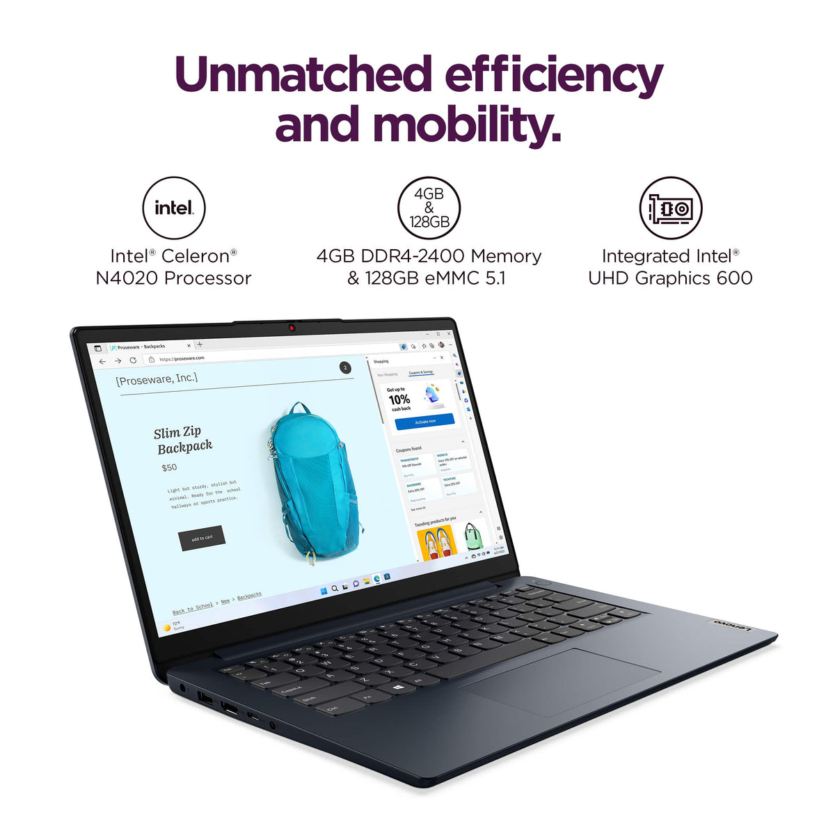 Lenovo - IdeaPad 1 14" HD Laptop - Intel Celeron N4020 2019 - 4GB Memory with 128GB eMMC Storage - Abyss Blue