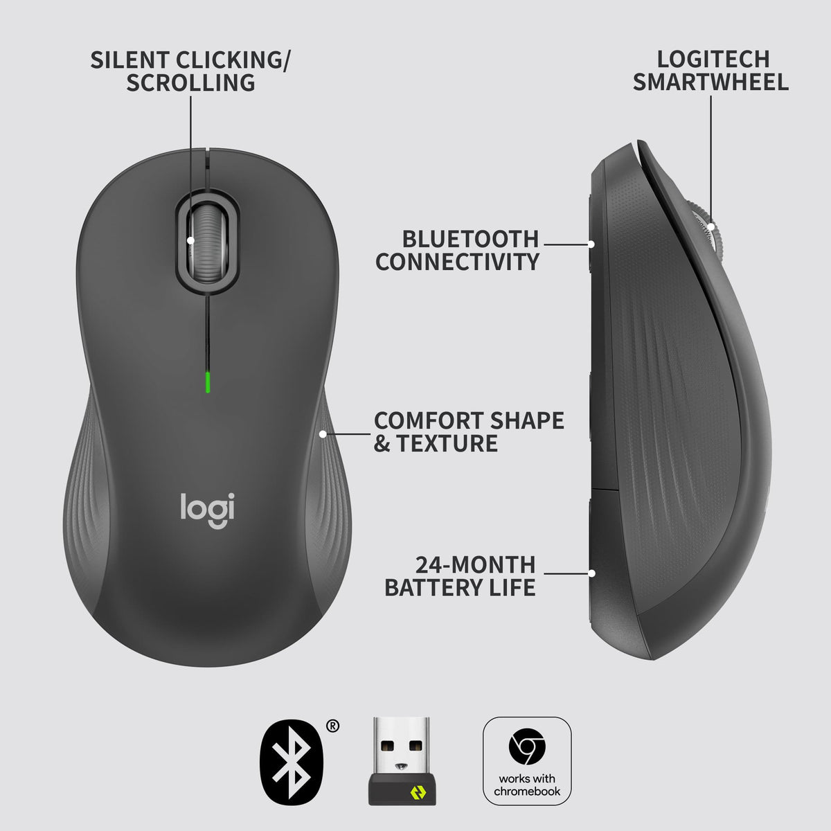 Logitech - Signature M550 Wireless Bluetooth Optical Ambidextrous Mouse with Silent Clicks - Wireless - Graphite