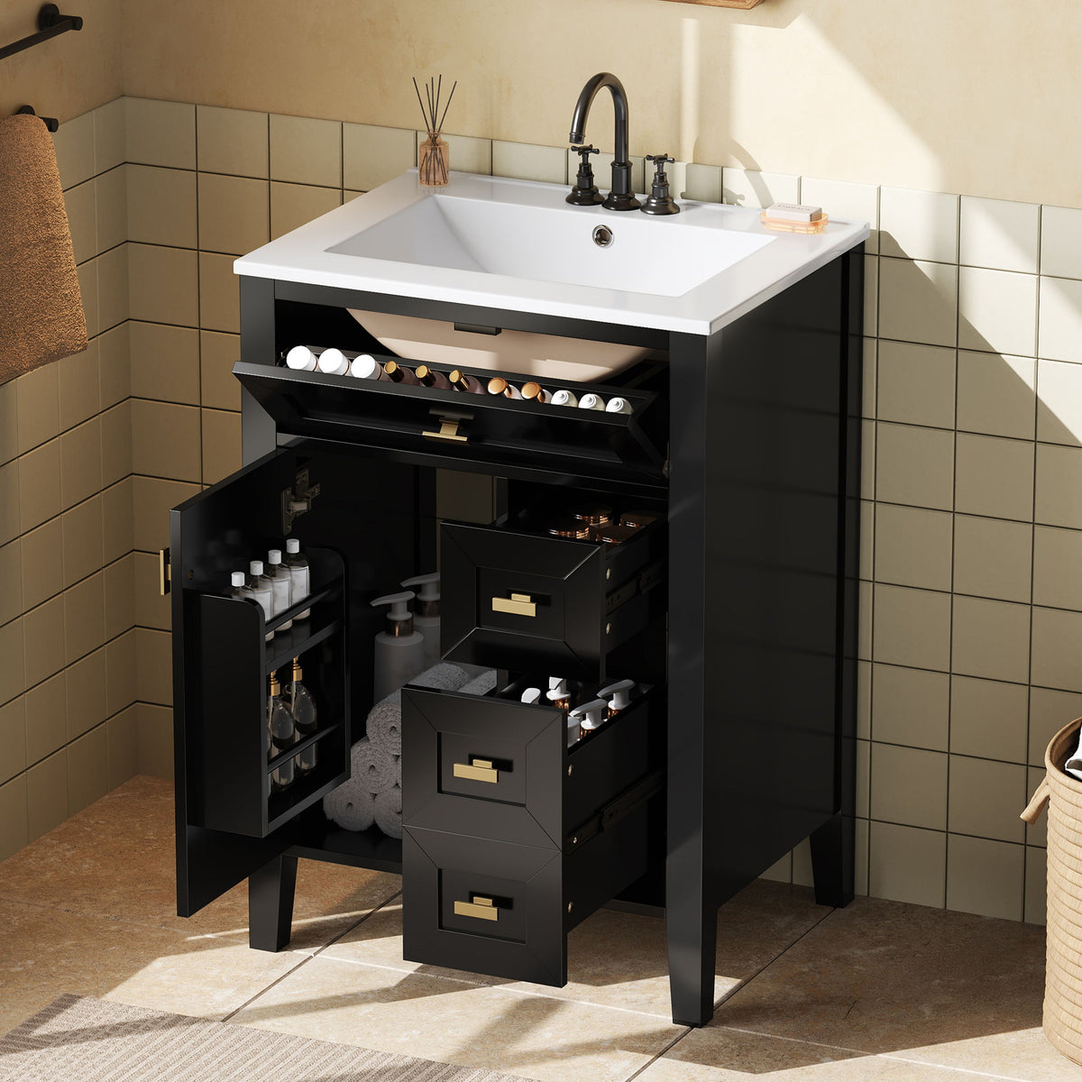 Tocador de baño con lavabo, 3 cajones y gabinete con estante de almacenamiento de 2 niveles en la puerta, puertas y cajones con cierre suave