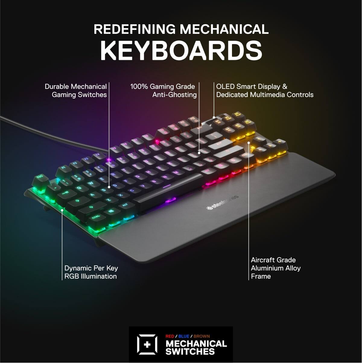 SteelSeries - Apex 7 Full Size Wired Mechanical Red Linear Switch Gaming Keyboard with Rapid Tap - Black