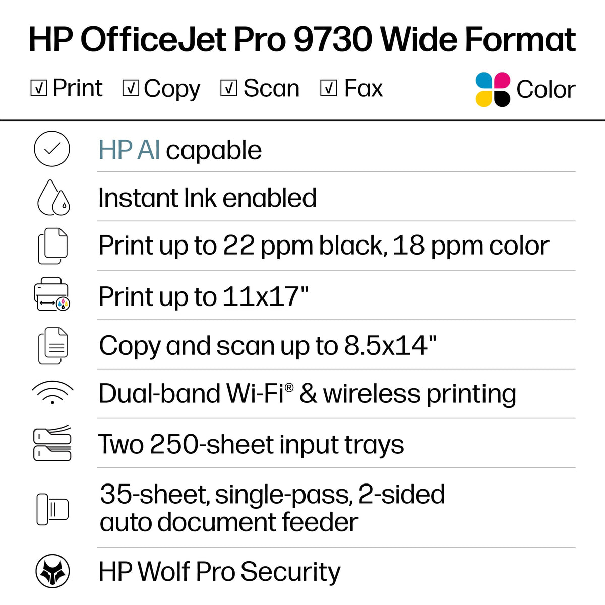 HP - OfficeJet Pro 9730 Wireless AI-Enabled Wide Format All-in-One Inkjet Printer with 3 Months of Instant Ink - White