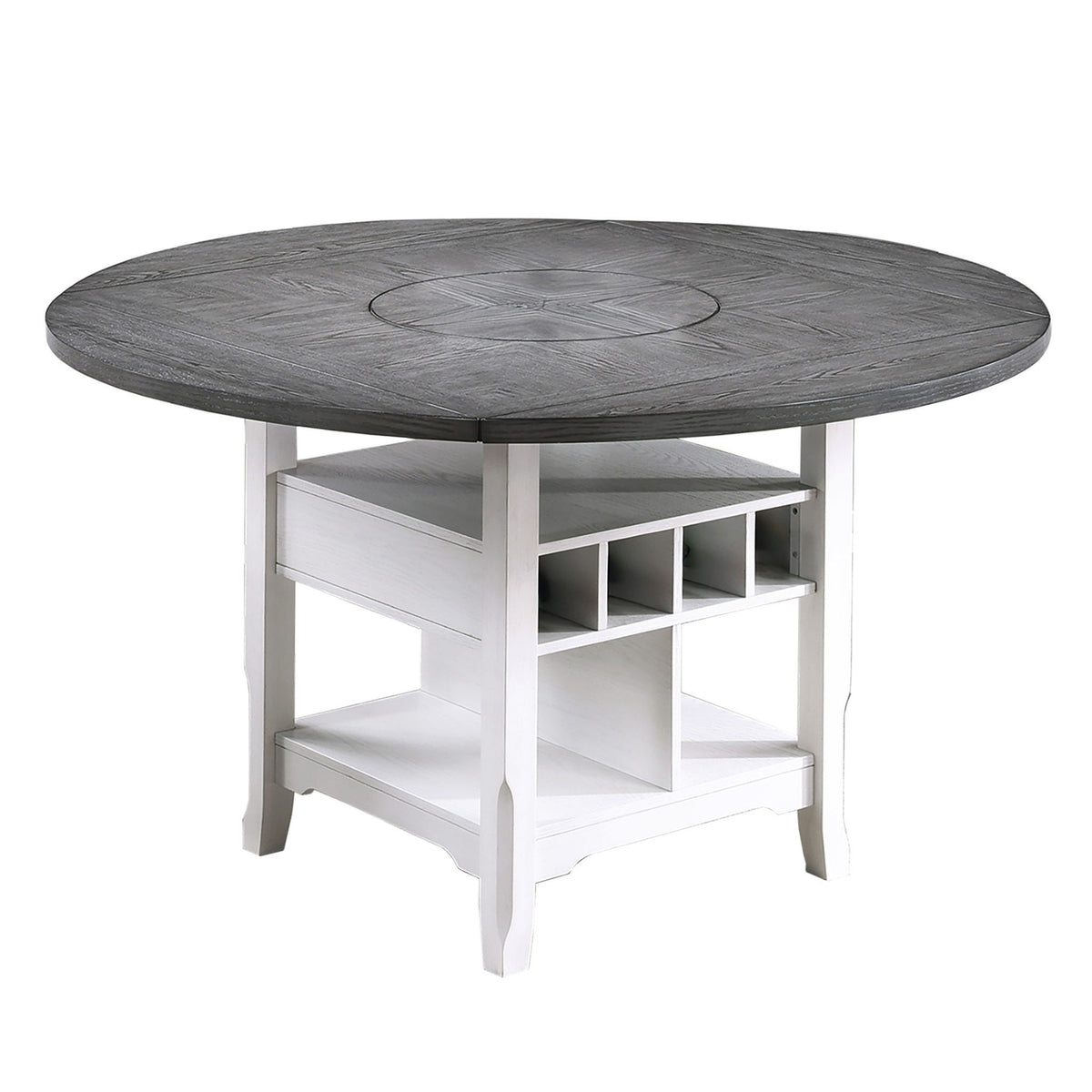 Mesa de comedor de altura de mostrador con bandeja giratoria integrada y estantes de almacenamiento