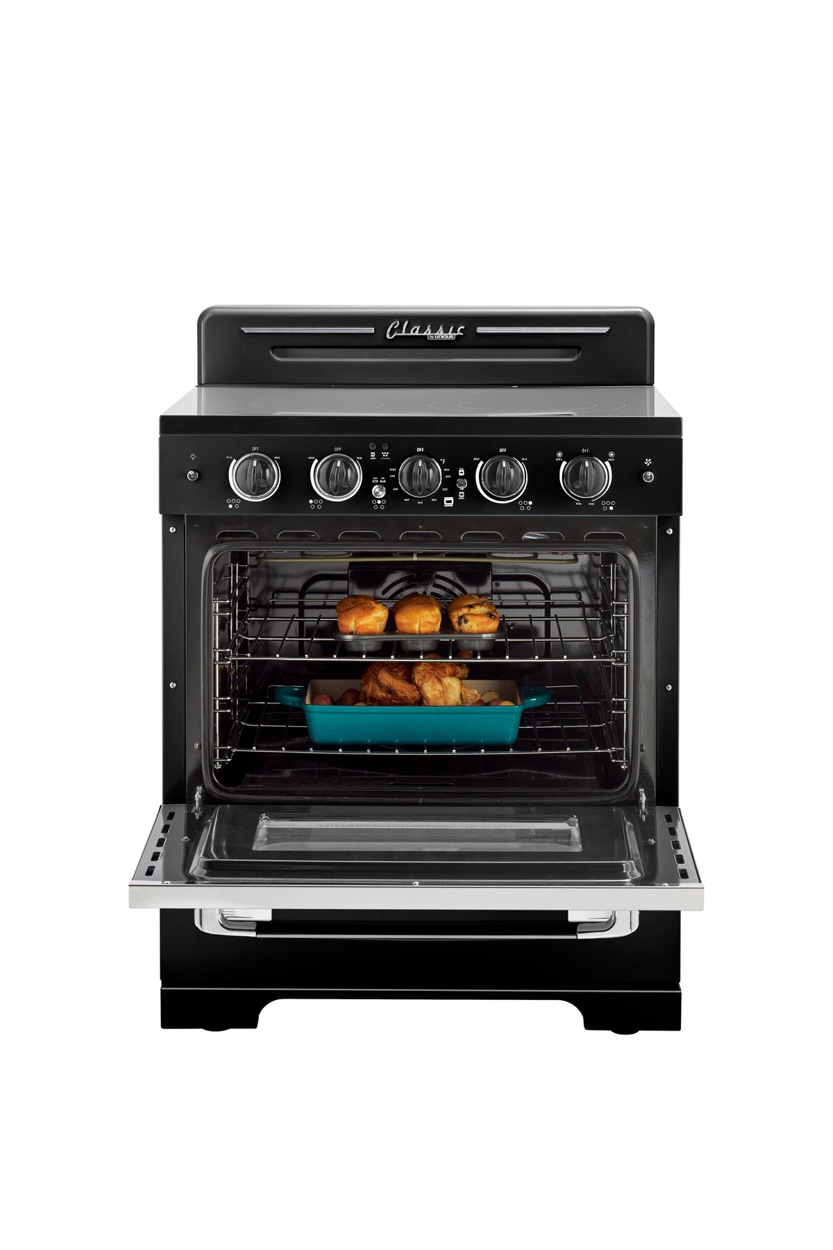 Unique Appliances - 30 in. Wide 5 Elements Classic Retro 3.9 Cu. Ft. Freestanding Electic Convection Range with Glass Top and Storage Drawer - Midnight Black
