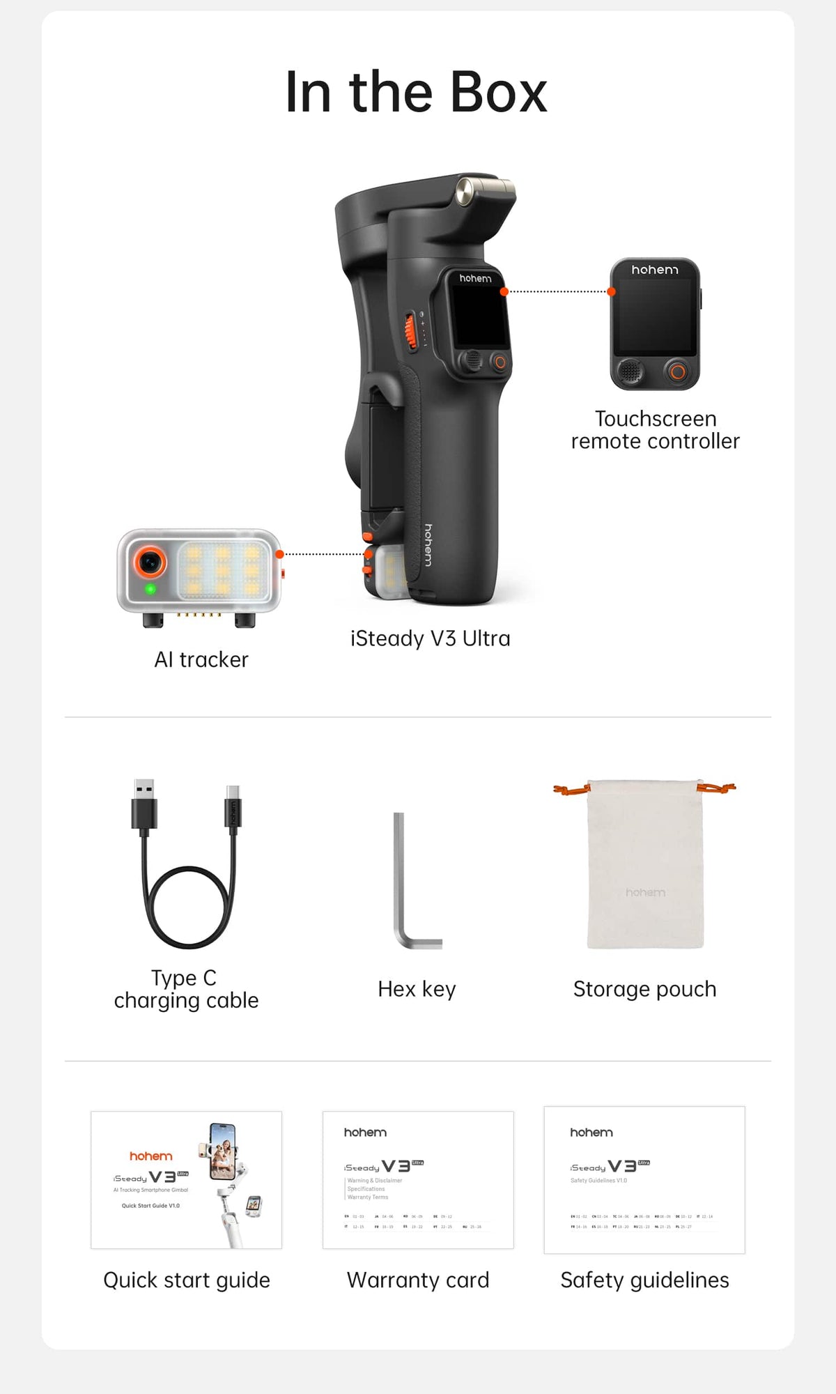 Hohem - iSteady V3 Ultra 3-Axis Gimbal Stabilizer for Smartphone w/ AI Tracking, Detachable Touch Remote, Tripod, & Light - Black