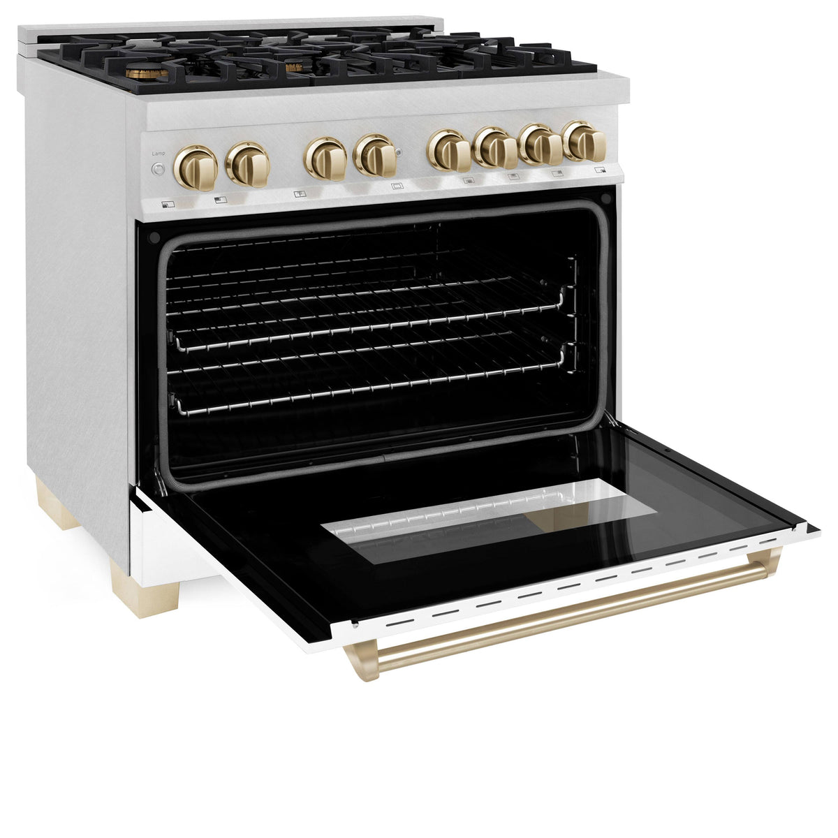 ZLINE - 36 in. Wide 6 Burner Autograph Legacy Dual Fuel Range in Satin Steel w/ White & Gold Accents (RASZ-WM-36-G) - Stainless Steel