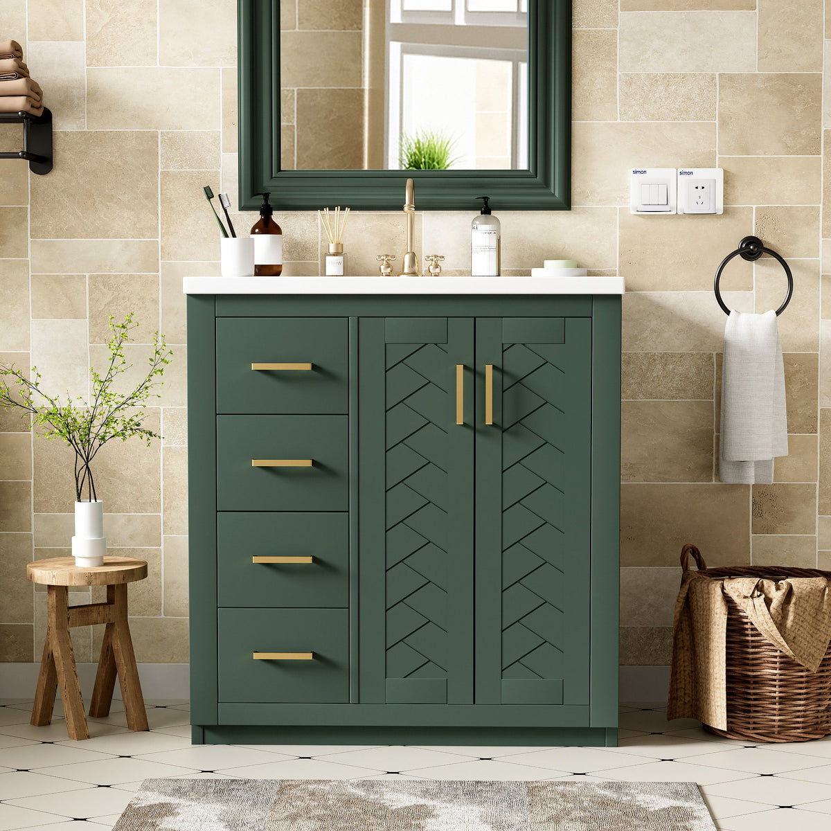 Ceramic Sink Combo, Freestanding Vanity Set With 3 Drawers & Soft Closing Doors
