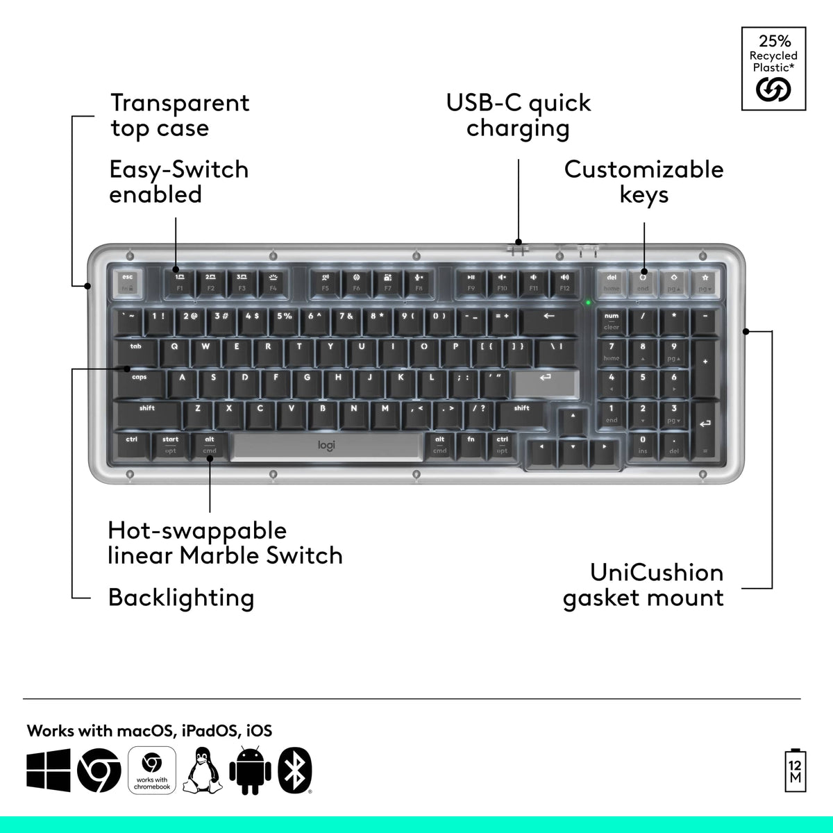 Logitech - Alto Keys K98M Full-size Wireless Mechanical keyboard with Backlit keys for PC, Mac, Laptops - Graphite
