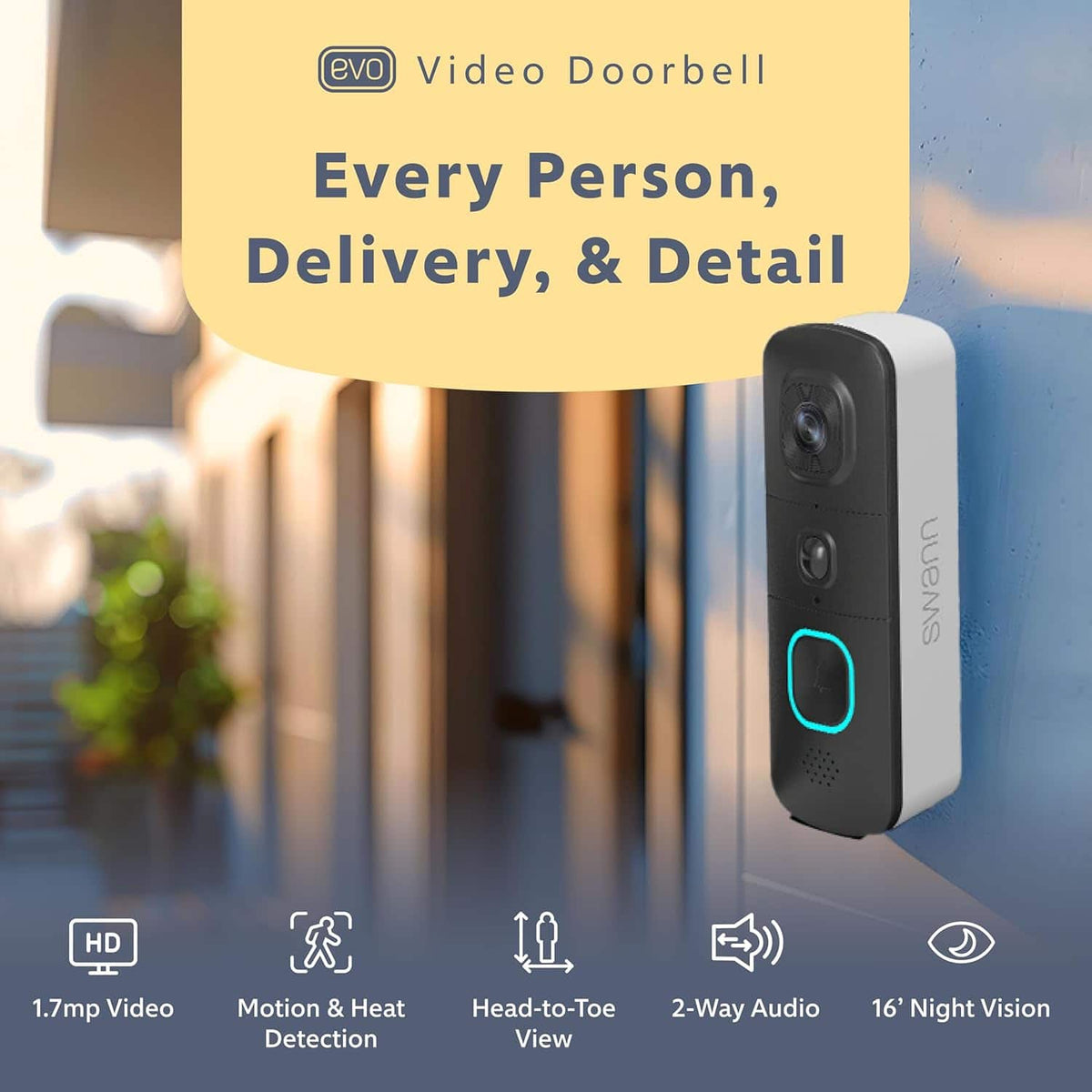 Swann - EVO HD Wi-Fi Video Doorbell: Wired or wire-free, motion detection, night vision, 2-way talk, local/cloud storage - Black