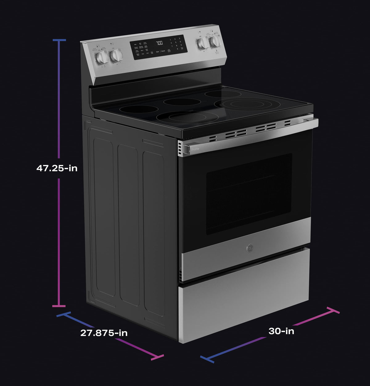 GE Profile - 30" Wide 5 Elements 5.3 Cu. Ft. Freestanding Electric Convection Range w/ Steam Clean, Air Fry, and EasyWash Oven Tray - Stainless Steel
