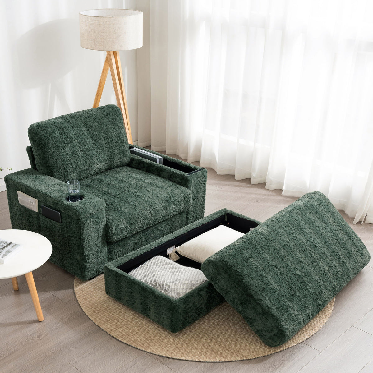 Oversized Chaise Lounge Indoor Rabbit Fur Sofa Bed With Storage Ottoman And Armrests Cup Holders With Deep Seat