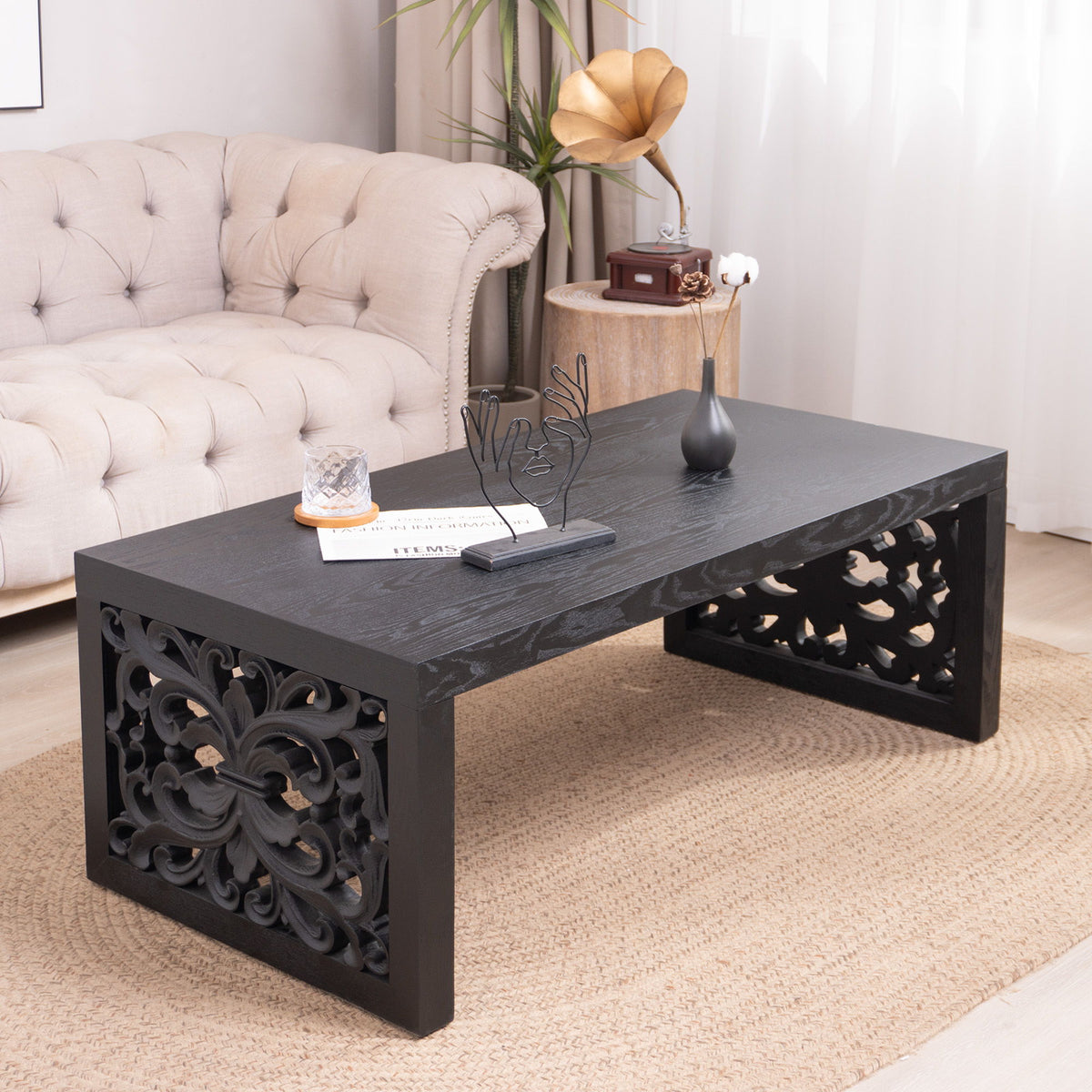 Rustic Carved Wood Coffee Table, Handcrafted Look With Ornate Side Panels