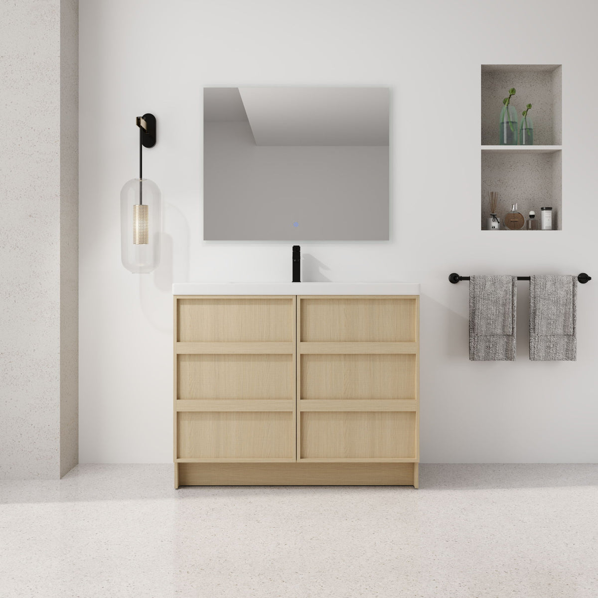 Tocador de baño independiente de 42" con lavabo y 2 puertas de gabinete de cierre suave - Roble / Blanco