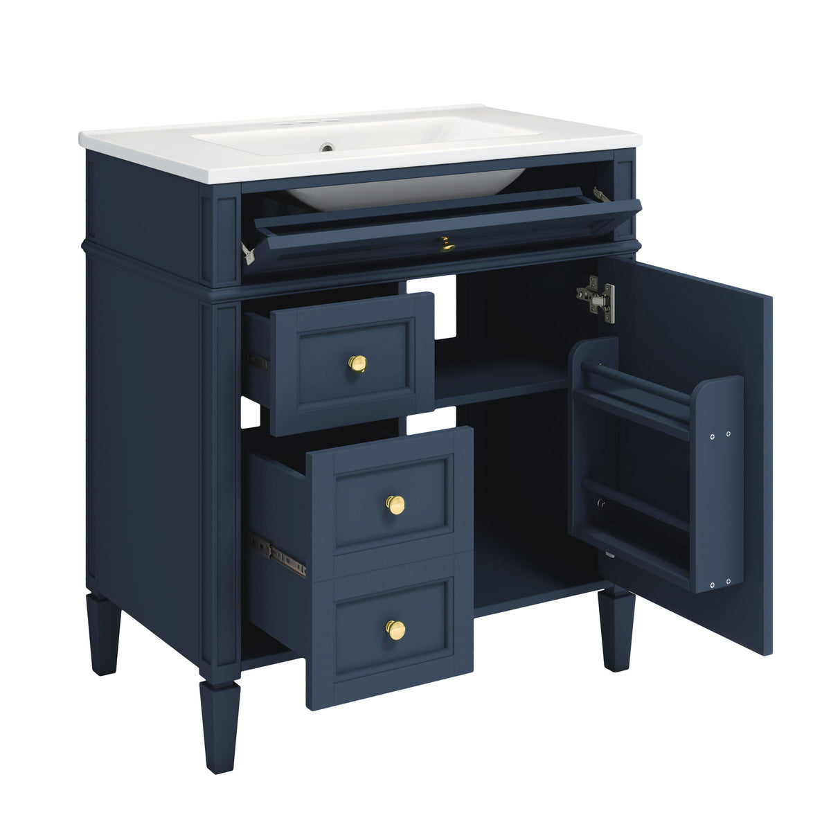 Mueble de baño con botiquín, Armario con espejo Royal, Mueble de almacenamiento de baño moderno con 2 puertas de cierre suave y 4 cajones