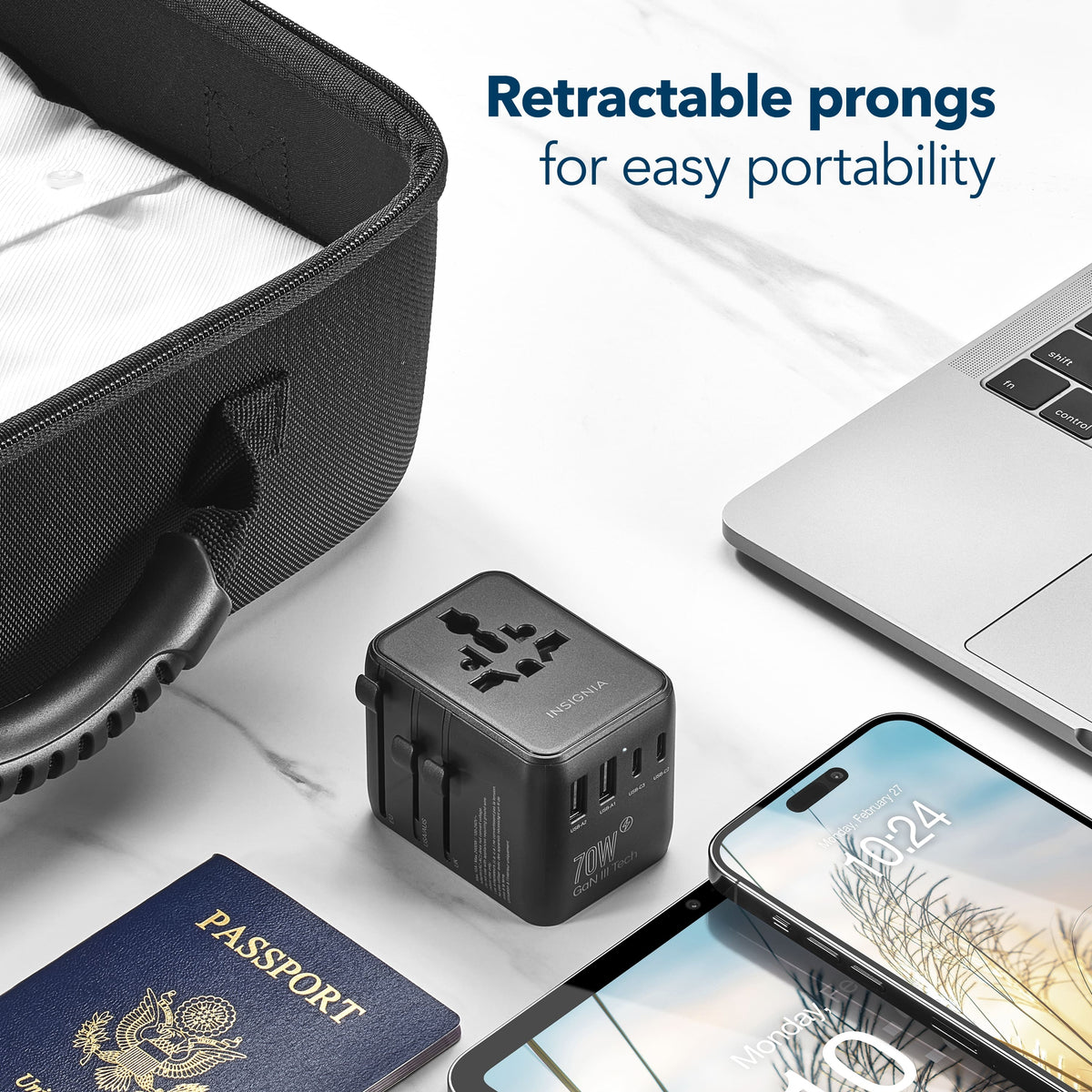 Insignia™ - 70W Travel Adapter with 2 AC Outlets, 3 USB-C Ports & 2 USB Ports - Black