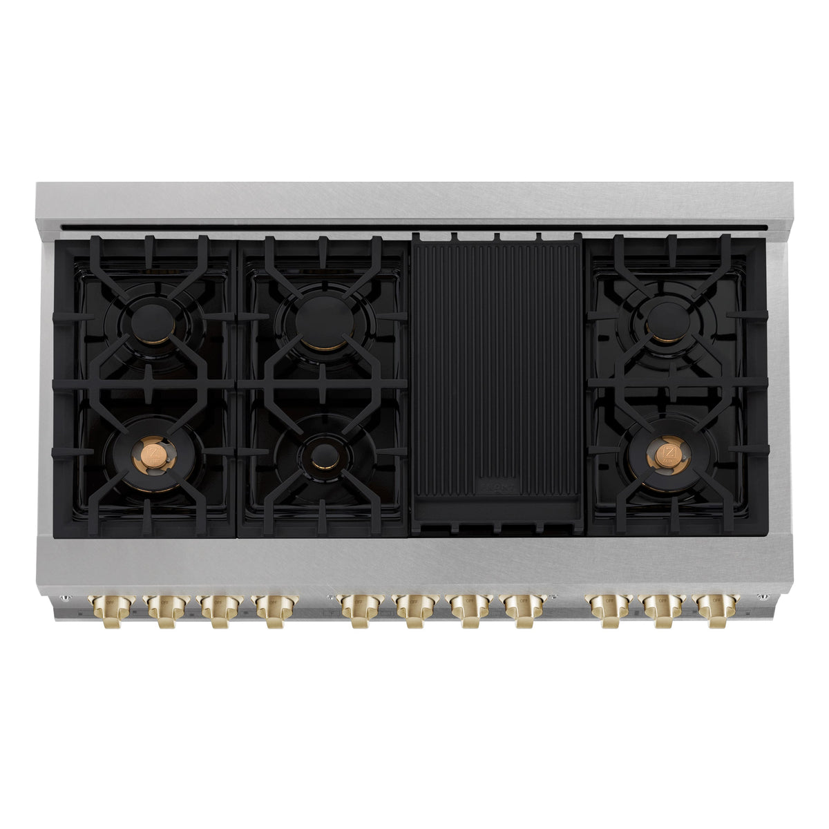 ZLINE - 48 in. Wide 8 Burner 6.0 cu. ft. Autograph Legacy Dual Fuel Freestanding Range in Satin Steel w/ White & Gold Accents - Multicolor
