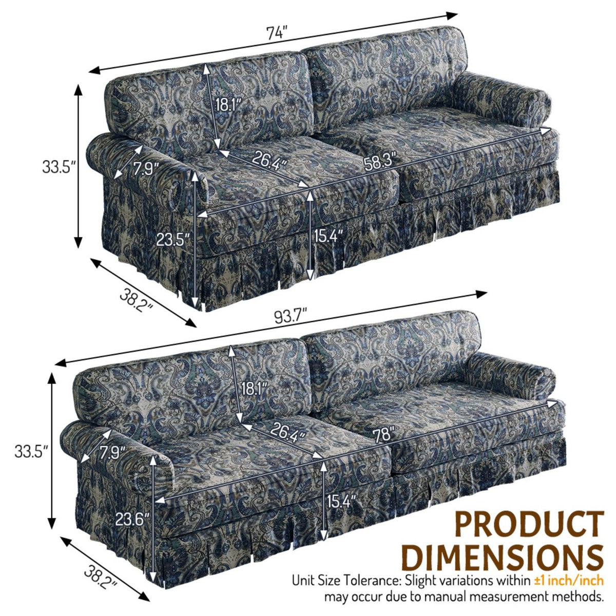 Luxuriously Comfortable Cloud Couch With Elegant Rolled Arms & Pleated Skirt Design