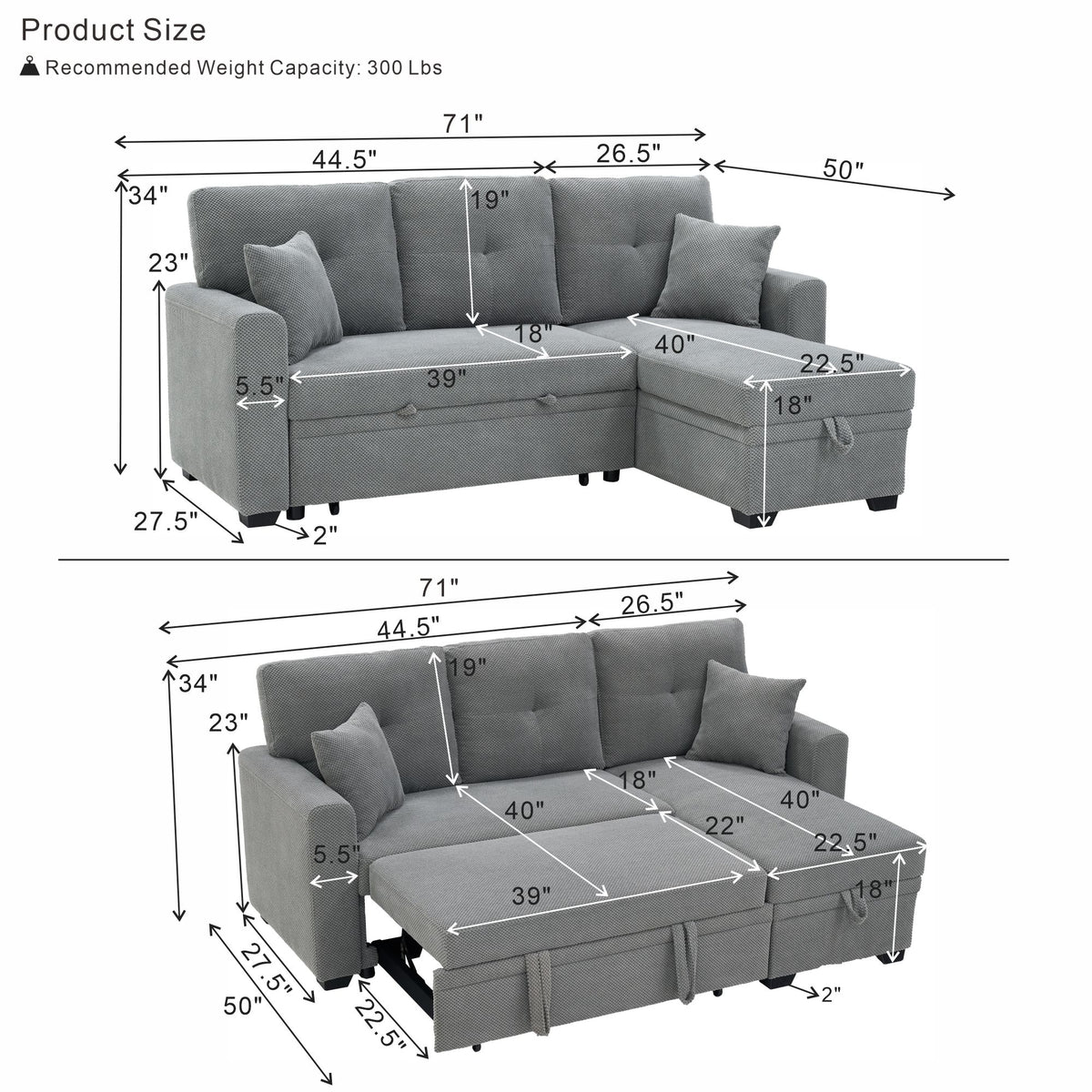 Sofá seccional cama con nido extraíble, chaiselongue reversible