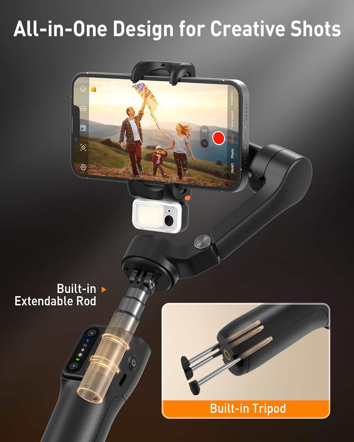 Hohem - iSteady V3 3-Axis Gimbal Stabilizer for Smartphone w/ AI Tracking, Detachable Remote, Extendable Pole, & Magnetic Light - Black