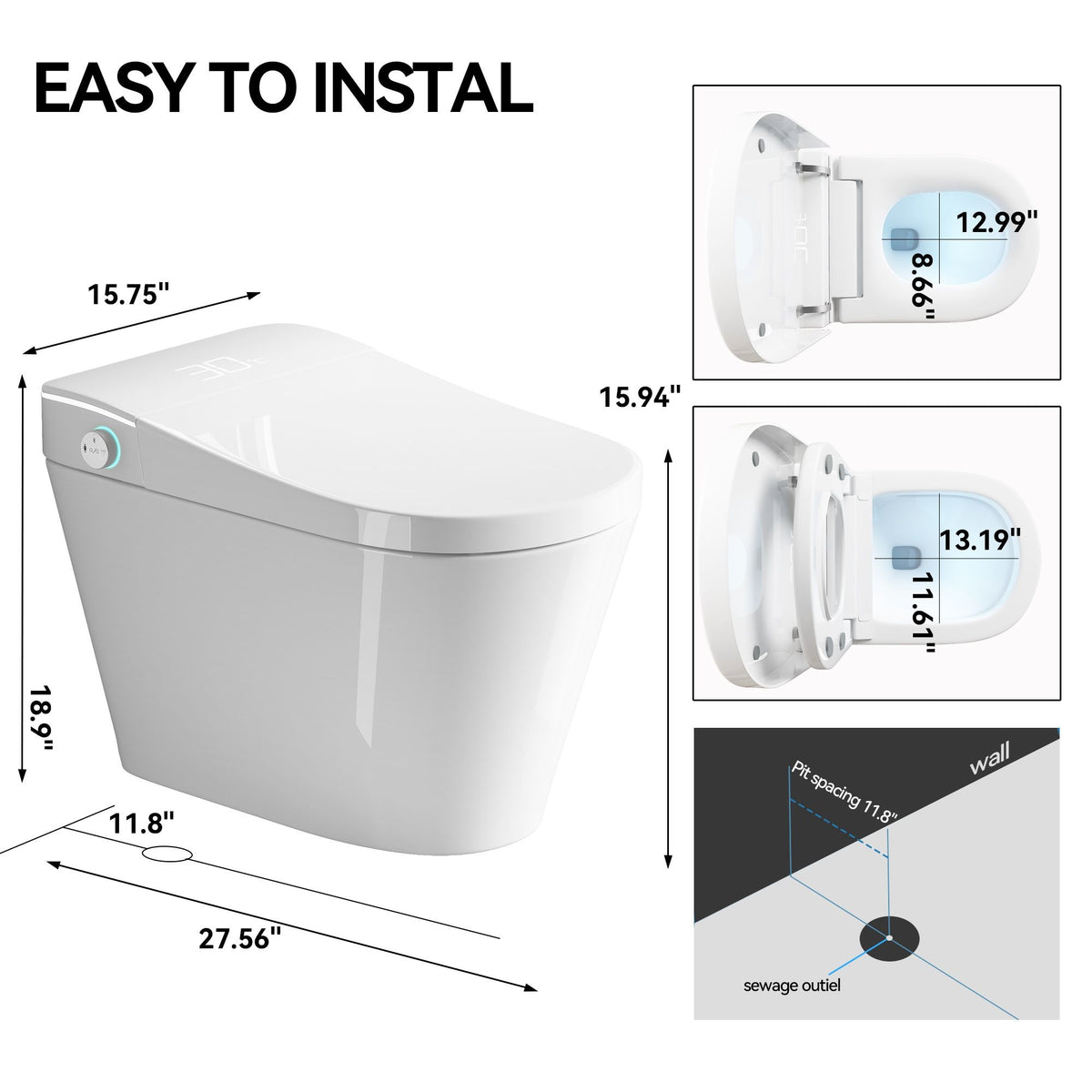 Inodoro inteligente con bidé con asiento de apertura/cierre automático, lavado con agua tibia, asiento con calefacción y control remoto inalámbrico