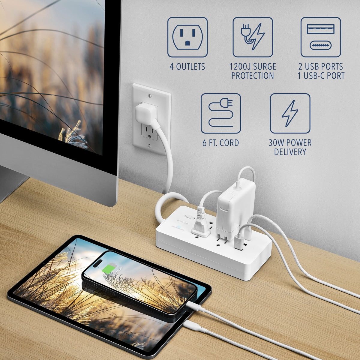 Insignia™ - 4-Outlet / 1-USB-C / 2-USB 1,200 Joules Surge Protector Strip with 6 ft. Power Cord - White