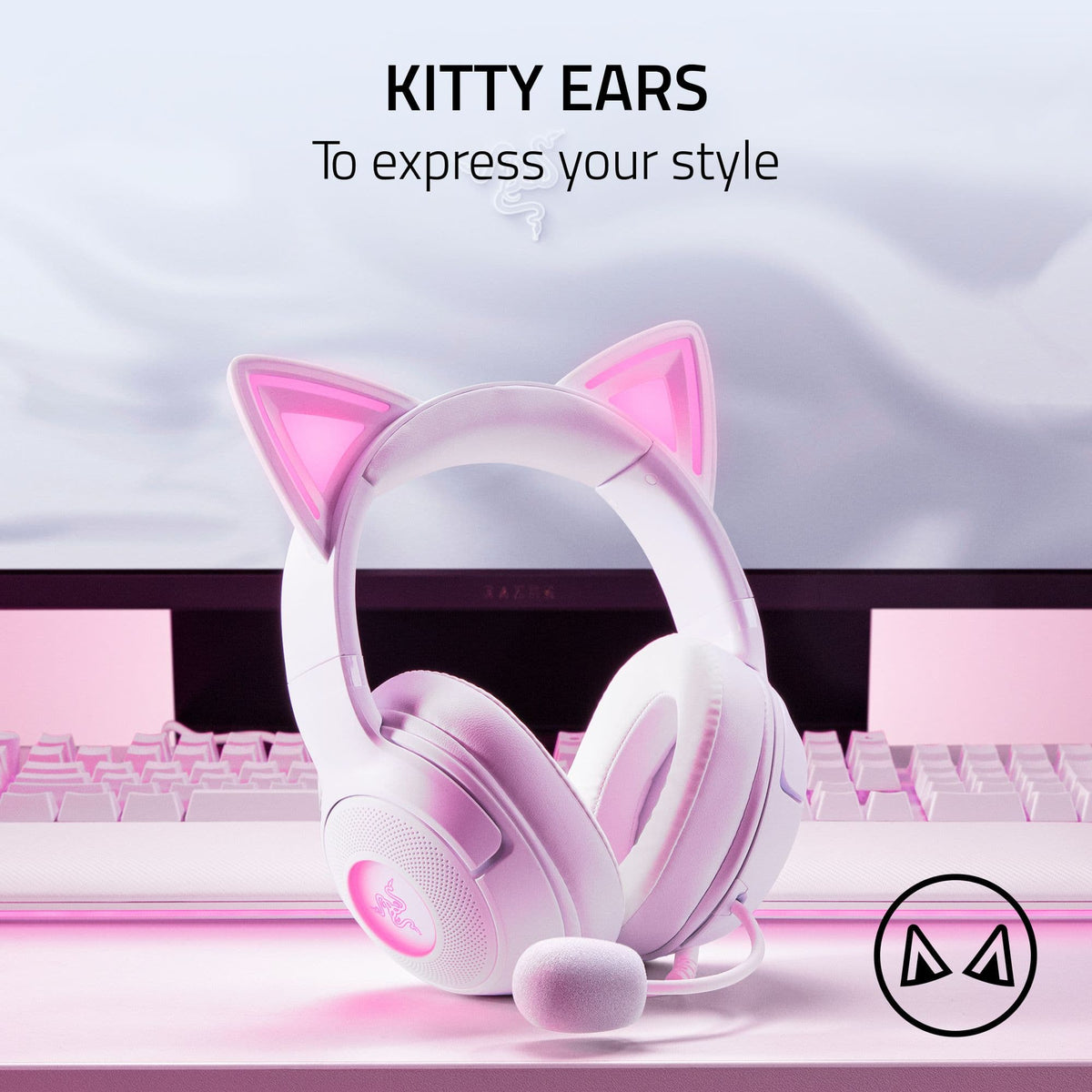 Razer - Kraken Kitty V2 Wired Over-the-Ear Gaming Headset for PC, Mac, Nintendo Switch, Steam Deck, Mobile, and Tablet - White